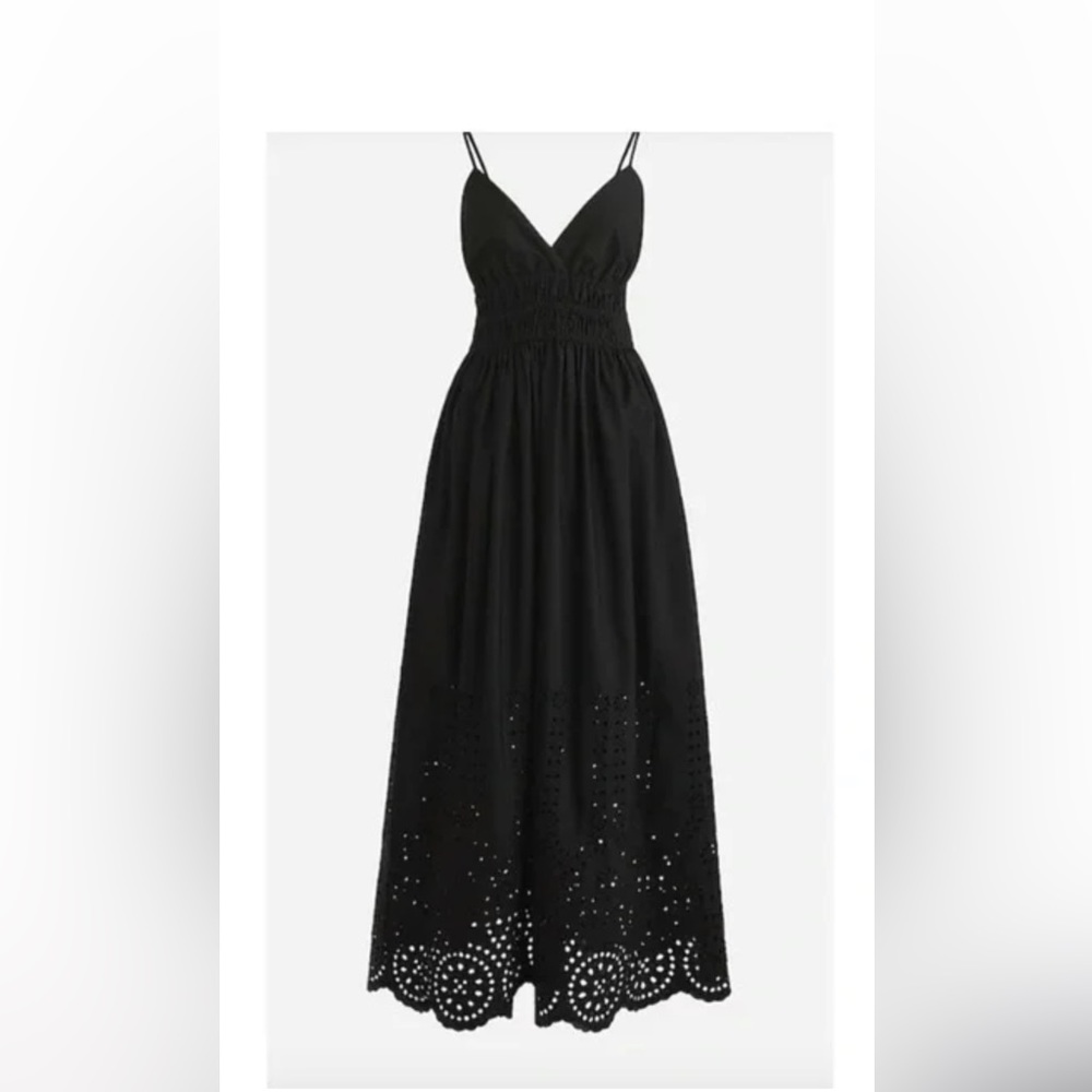 J.CREW NWOT Black V Neck smocked waist eyelet midi dress - Size 2